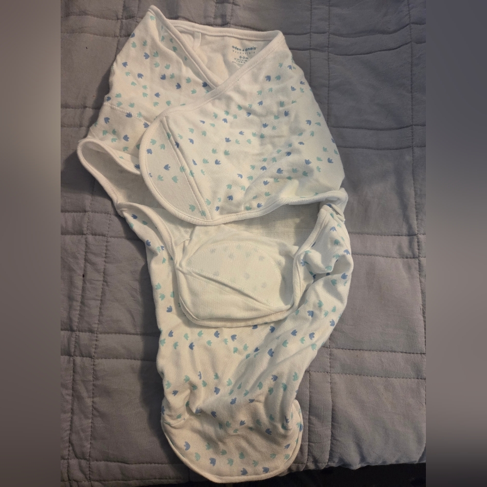 aden + anais White Baby Swaddle with Blue Text